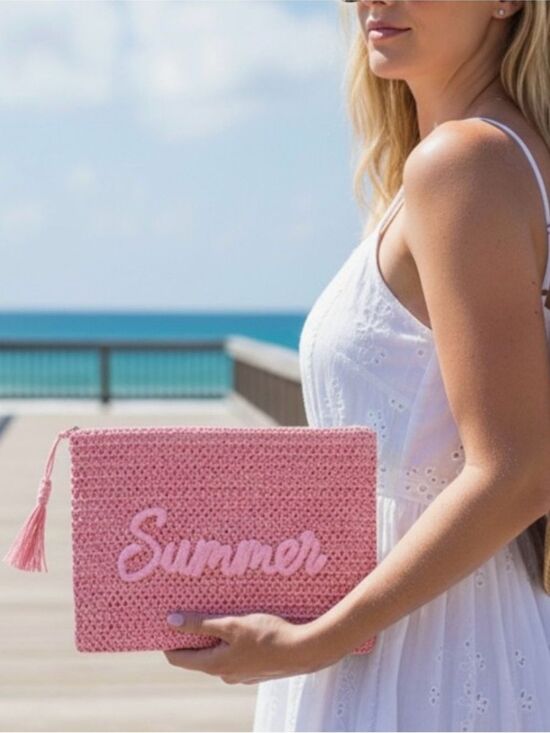Handbags - Summer Embroidery Woven Straw Zip Pouch-Host Pick!!